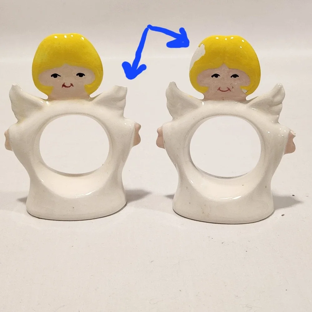 Vintage Ceramic Angel Napkin Rings Set of 8 Blonde Cherub Christmas White Yellow